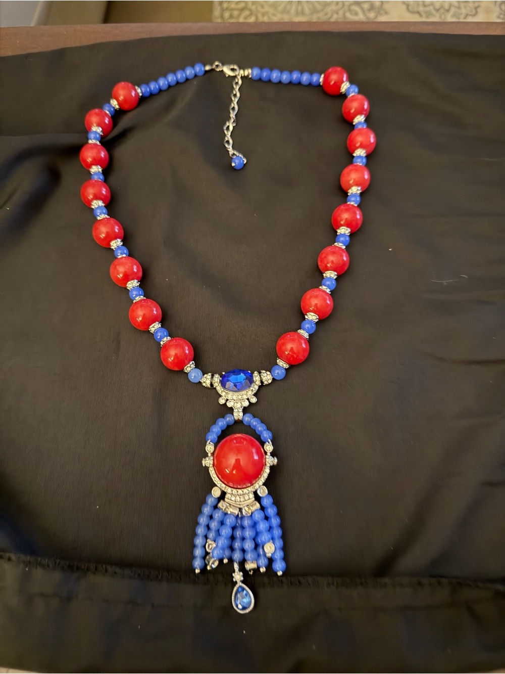 Bold Red and Blue Beaded Statement Necklace